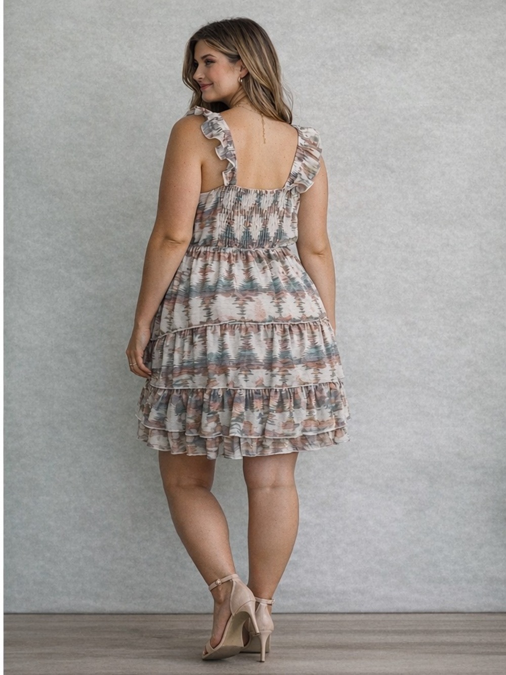 Plus Size Boho Ruffled V-Neck Mini Dress With Aztec Print Tiered Festival Style - Picture 3 of 4